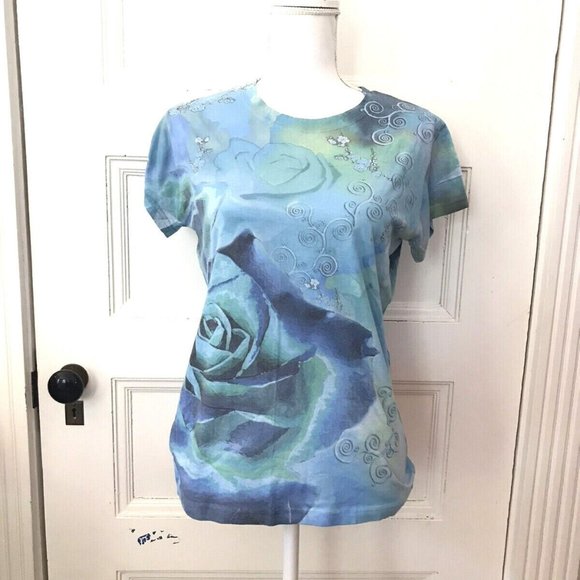 Yukiko Blue Abstract Floral Allover Graphic T Shirt - Picture 2 of 4